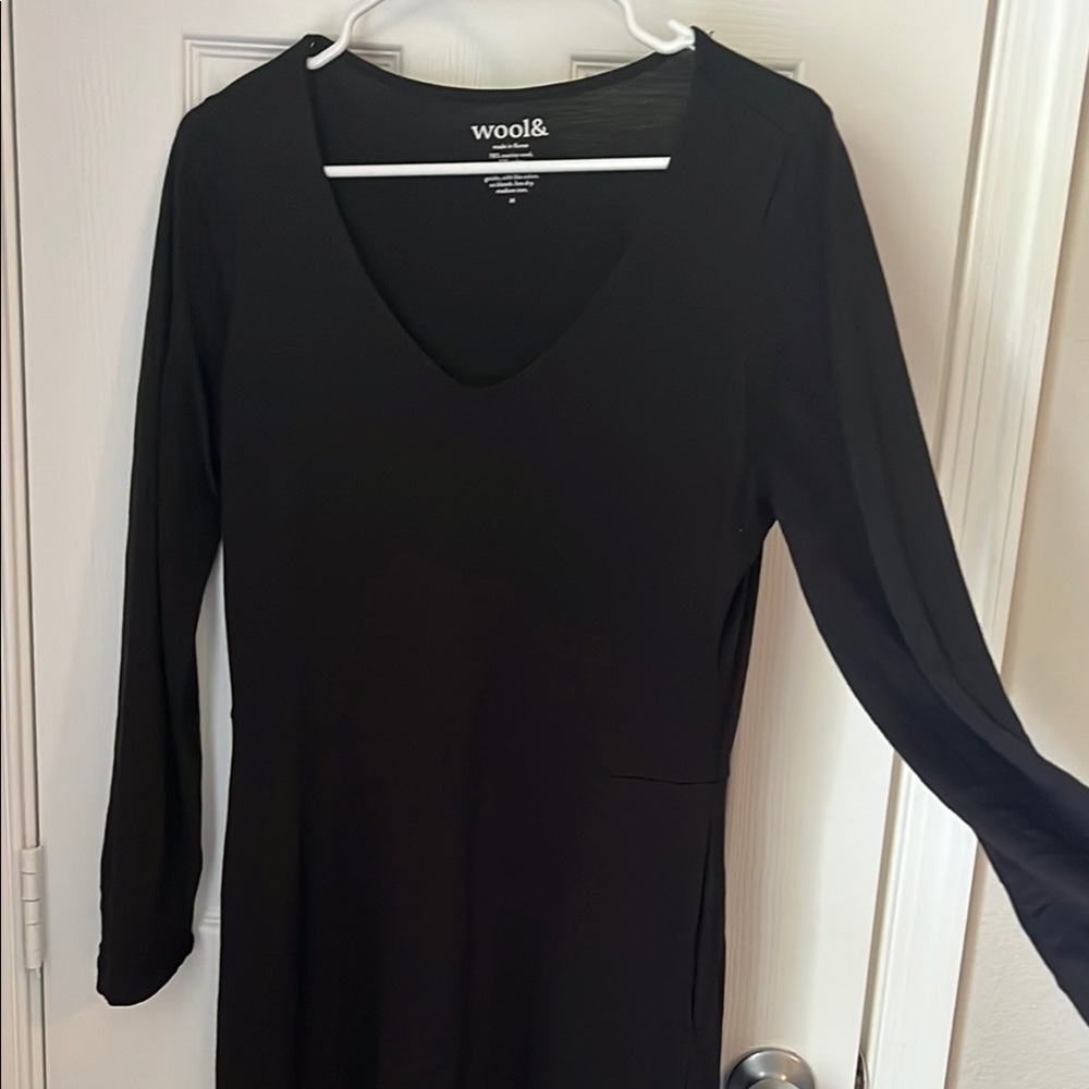 Wool& Black Merino Wool V-Neck Fit & Flare Dress